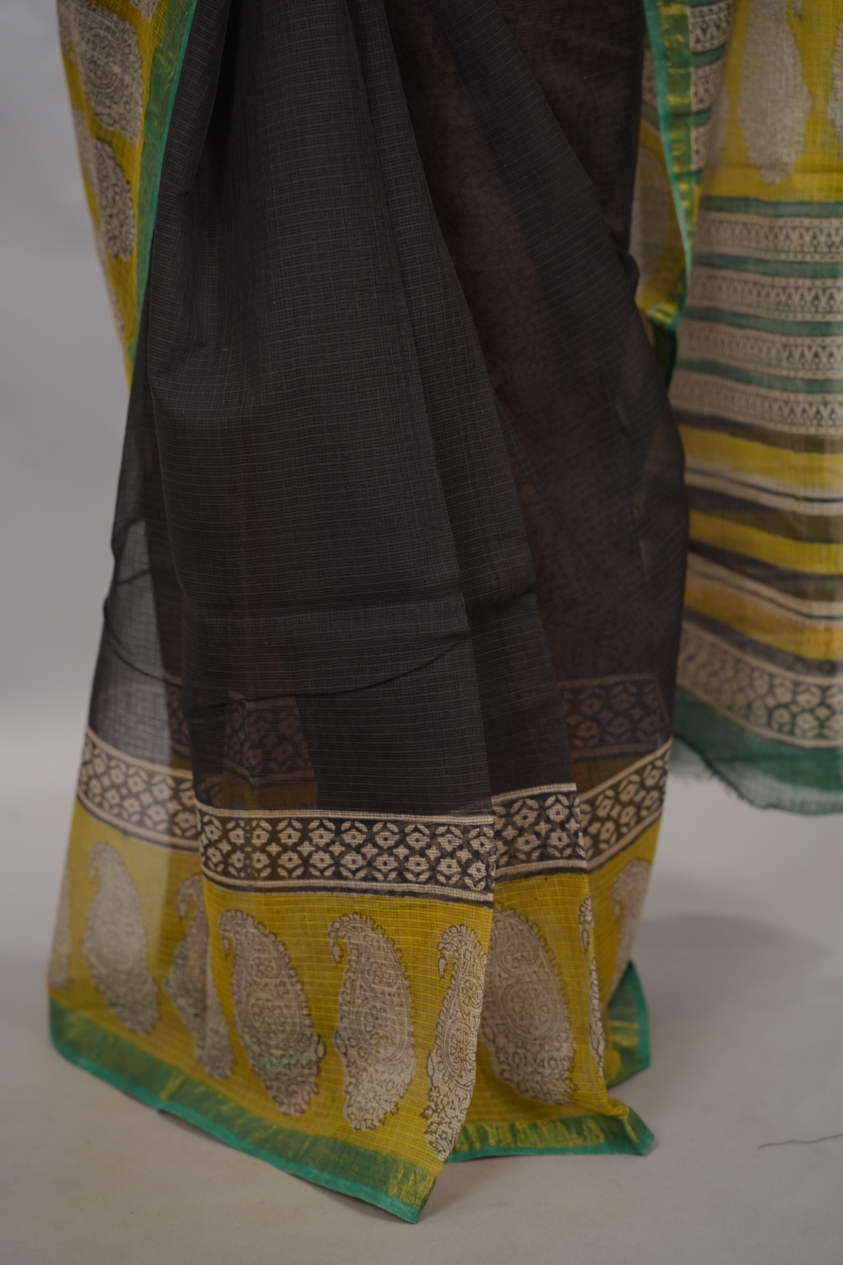 Black & Yellow Pure Kota Doria Saree with Bagru Handblock Prints | Looms & Tassels