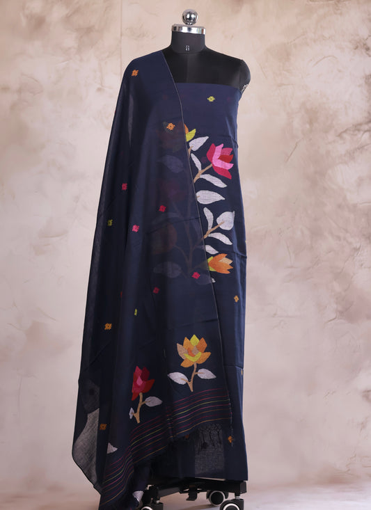 Blue Handwoven Jamdhani weaving pure Malai cotton 2 piece suit sets | Looms & Tassels