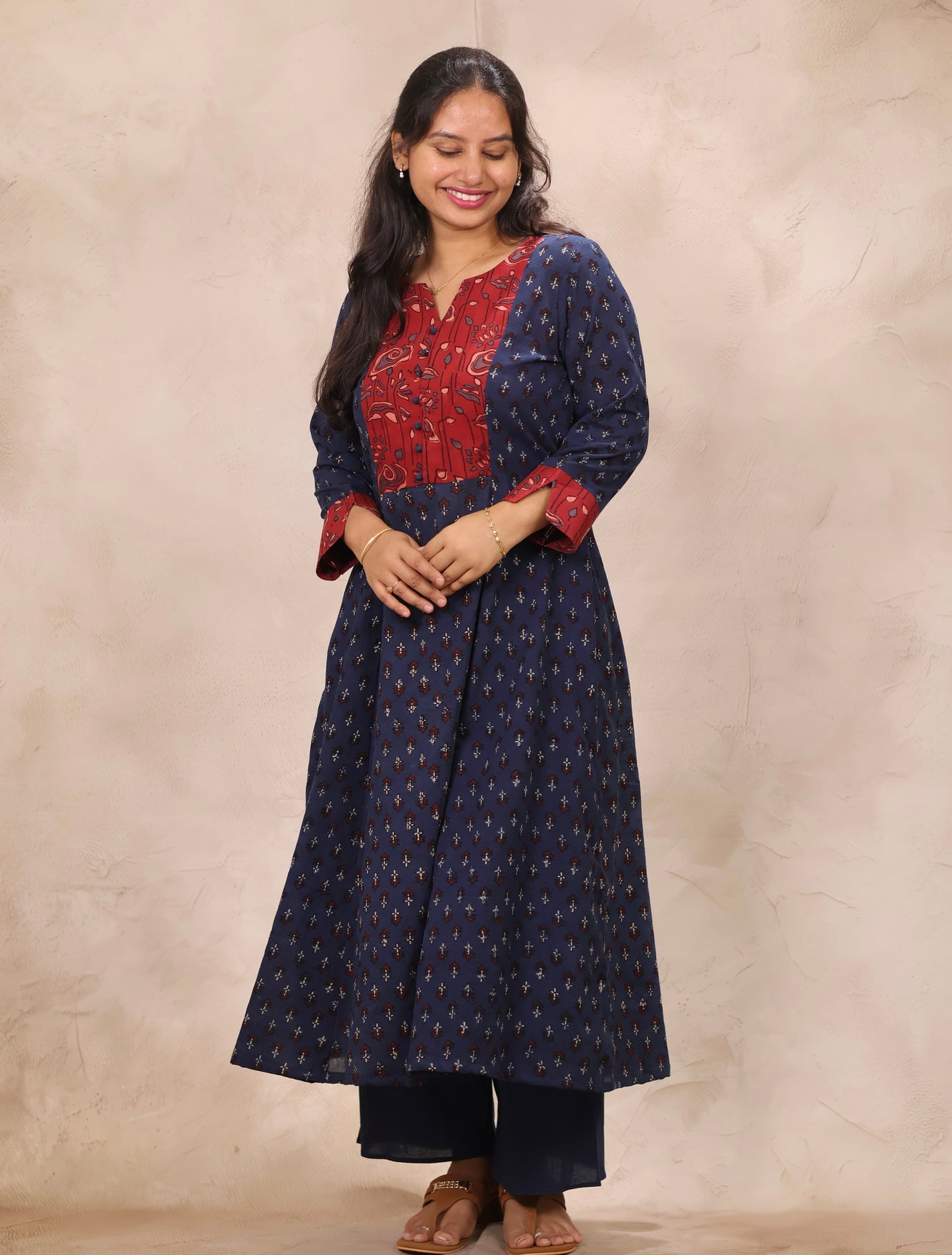 Indigo Patch Work Ajrakh Handblock Printed Kali Kurti (Pure Mul Cotton ) | Looms & Tassels