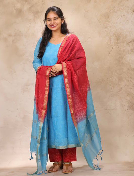 Sky Blue & Red Handblock printed Pure Maheswari Silk 3 piece suit (stitched)