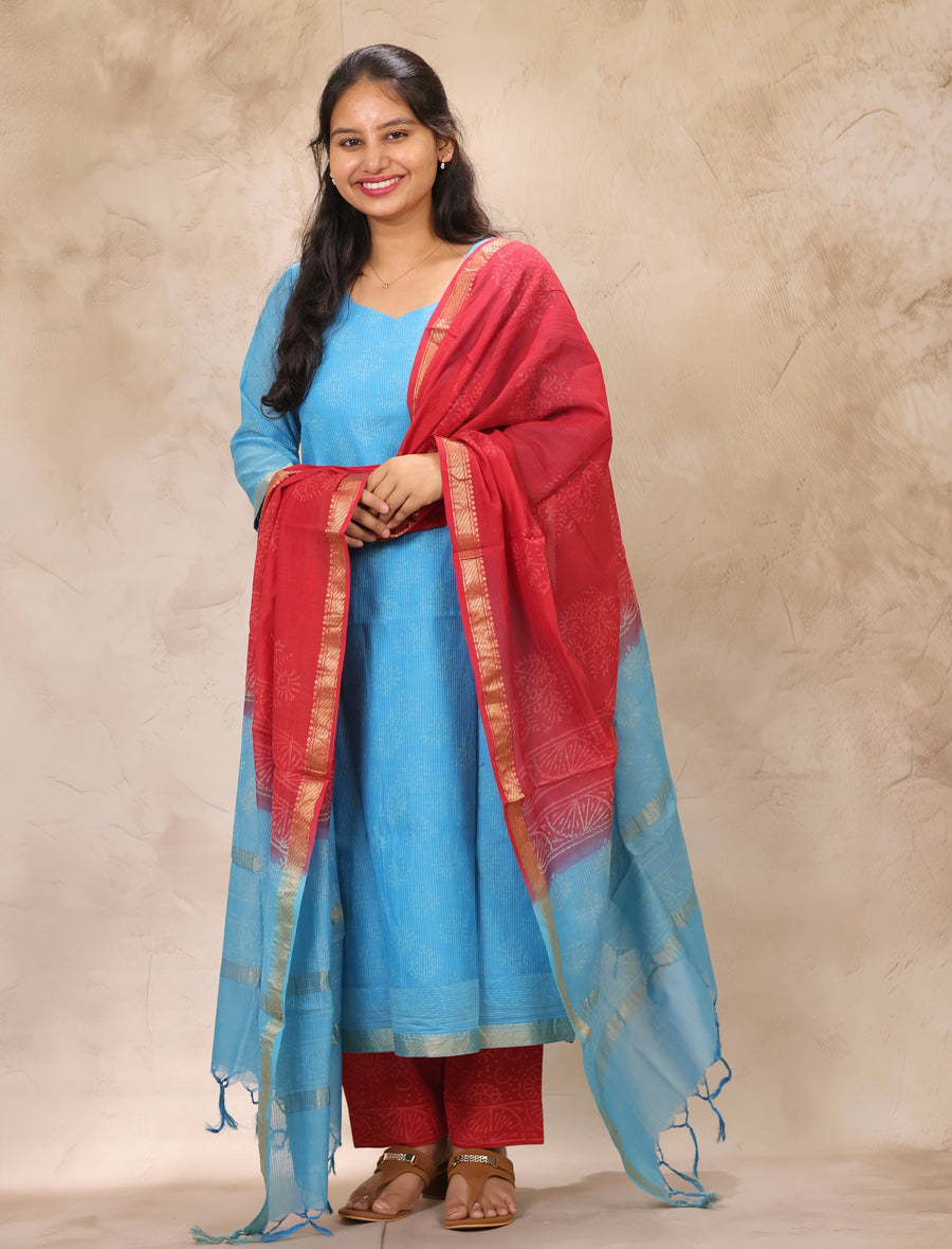 Sky Blue & Red Handblock printed Pure Maheswari Silk 3 piece suit (stitched)