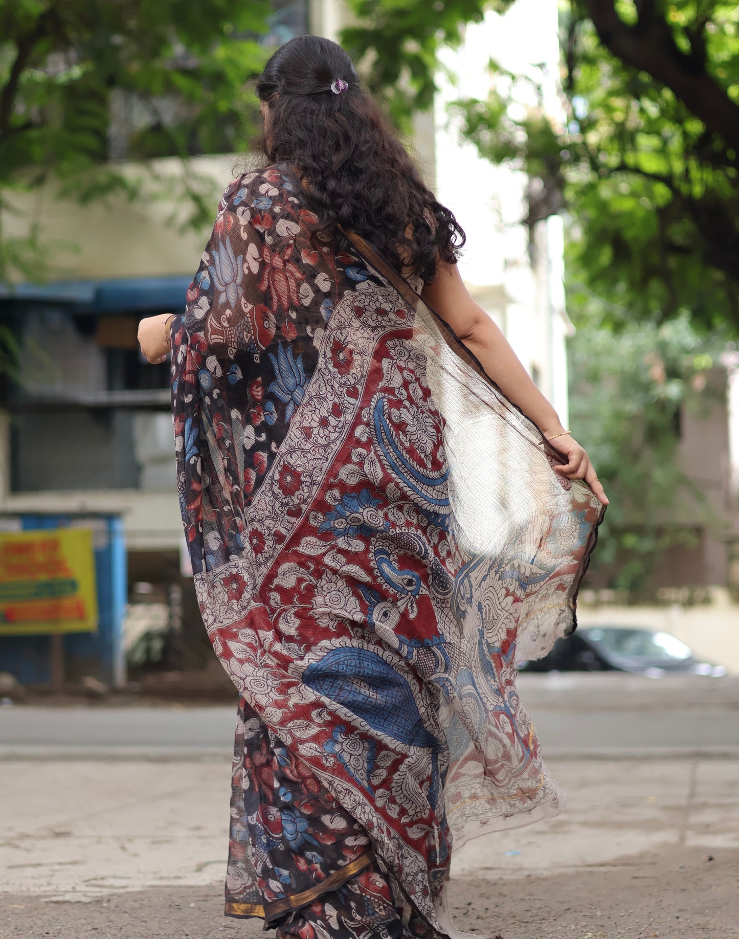 Black Kalamkari printed Kota Doriya Saree