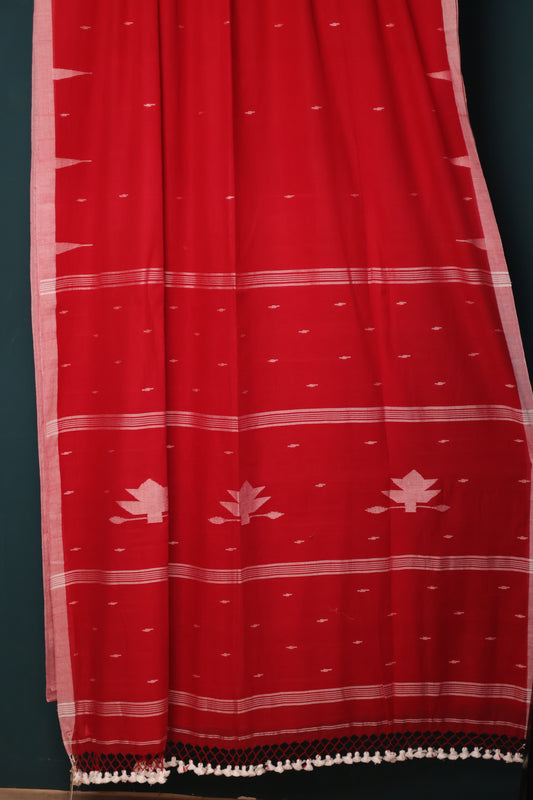 Red Pure Handwoven Malai Cotton Saree with Butta Weaving border