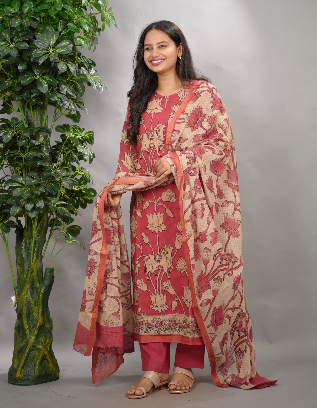 Pink Pichwai Kalamkari Kota Cotton 3 piece suit set (stitched) | Looms & Tassels