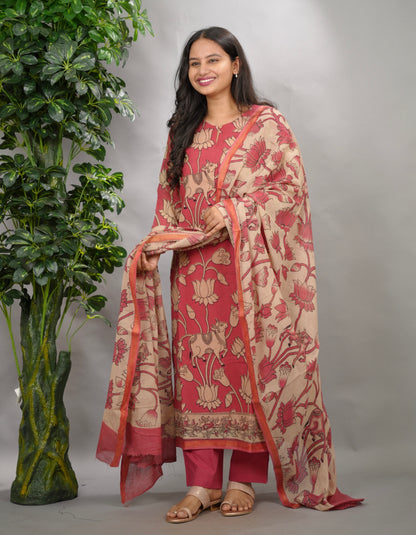 Pink Pichwai Kalamkari Kota Cotton 3 piece suit set (stitched) | Looms & Tassels