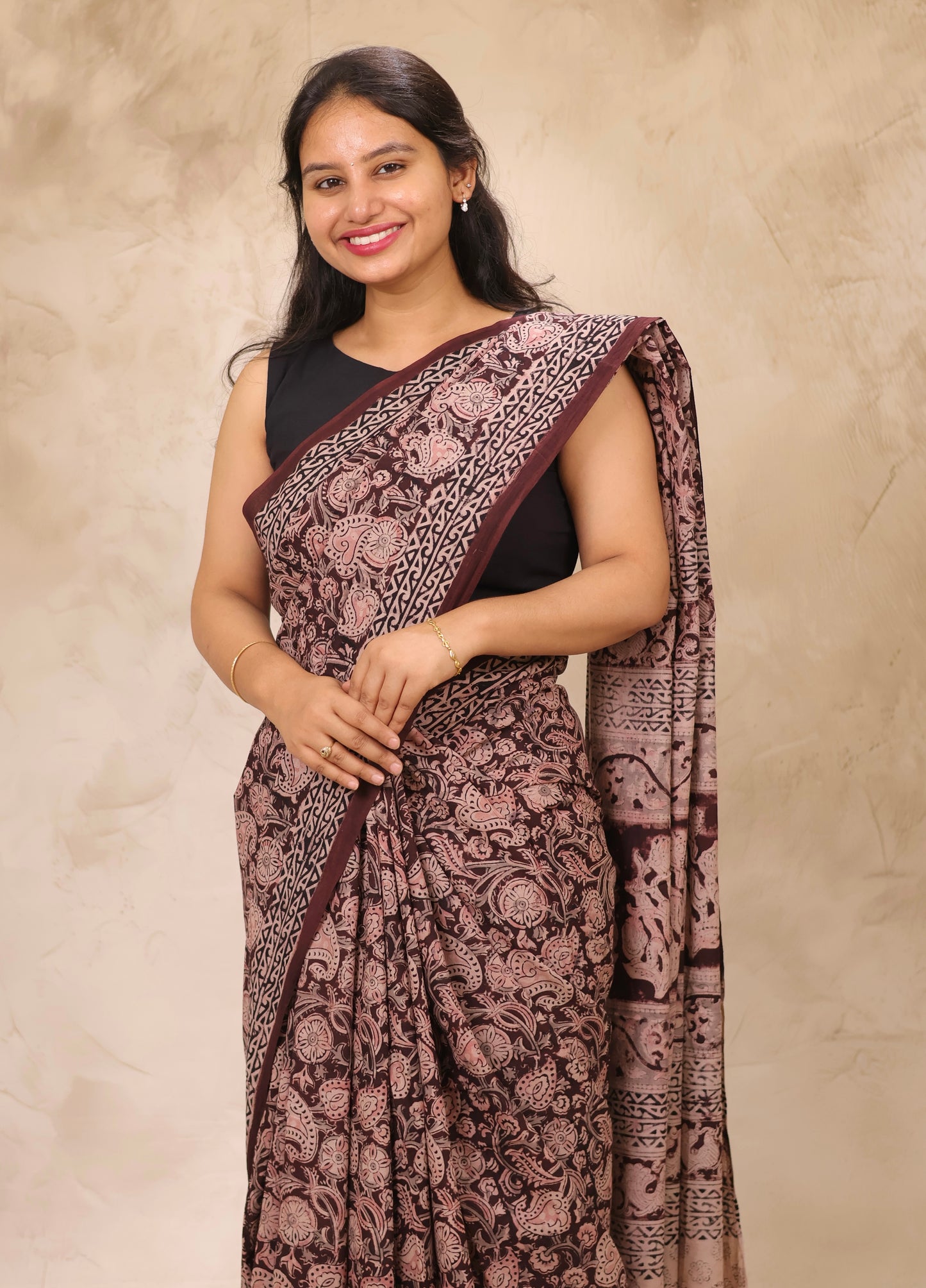 Deep Maroon Hand Block Printed Kalamkari Cotton Saree | Looms & Tassels