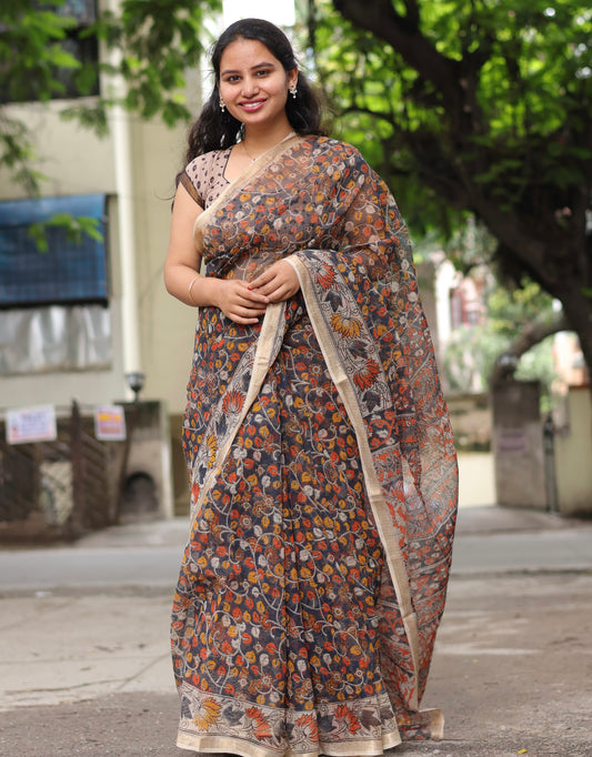 Blue Kalamkari printed Kota Doriya Saree