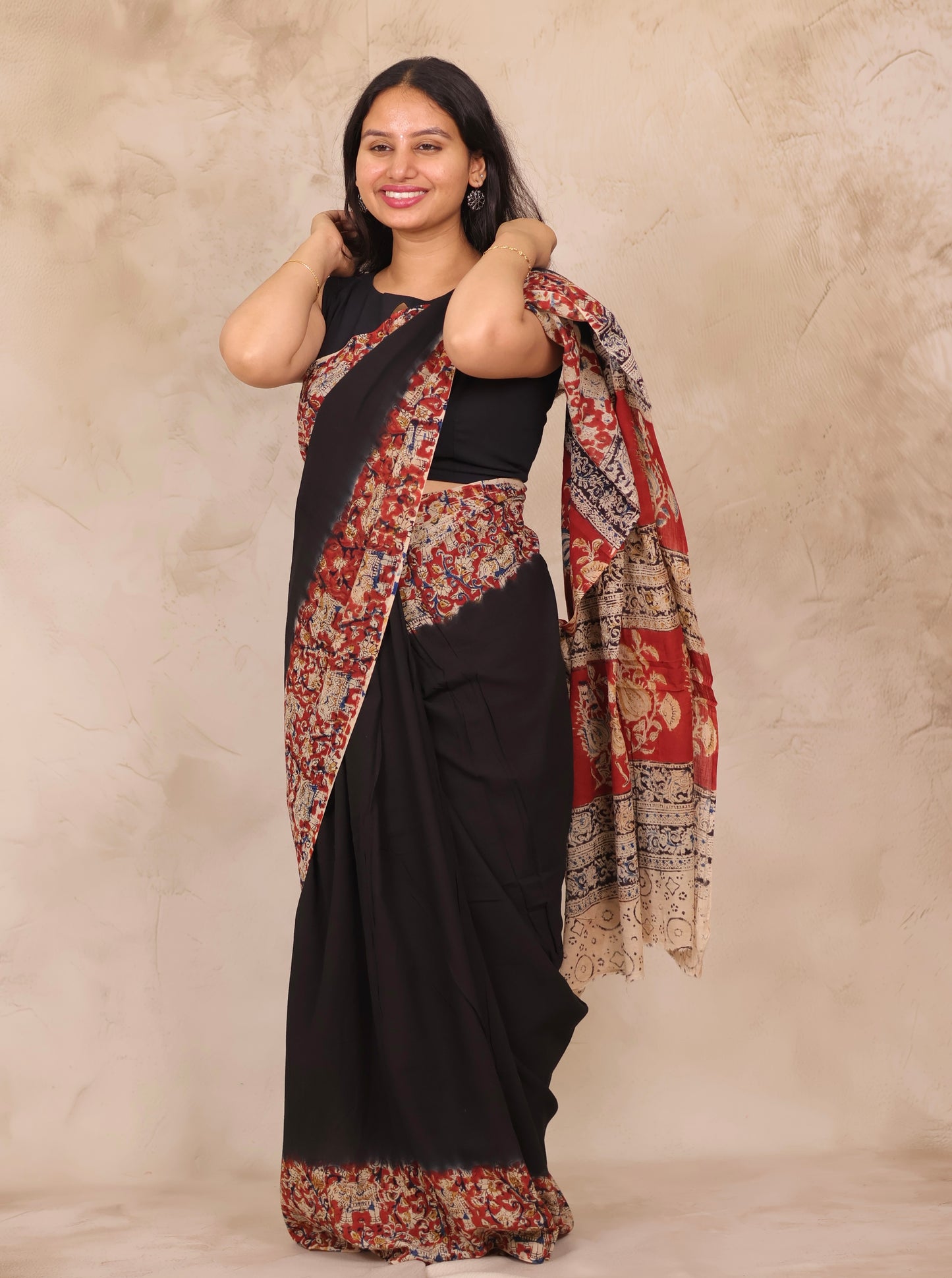 Black Kalamkari Dyeing Pure Cotton Saree