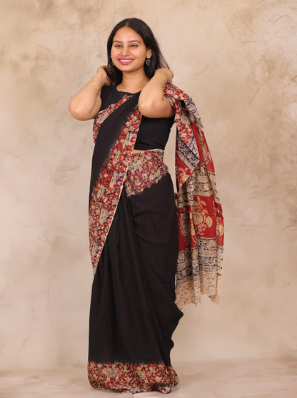 Black Kalamkari Dyeing Pure Cotton Saree