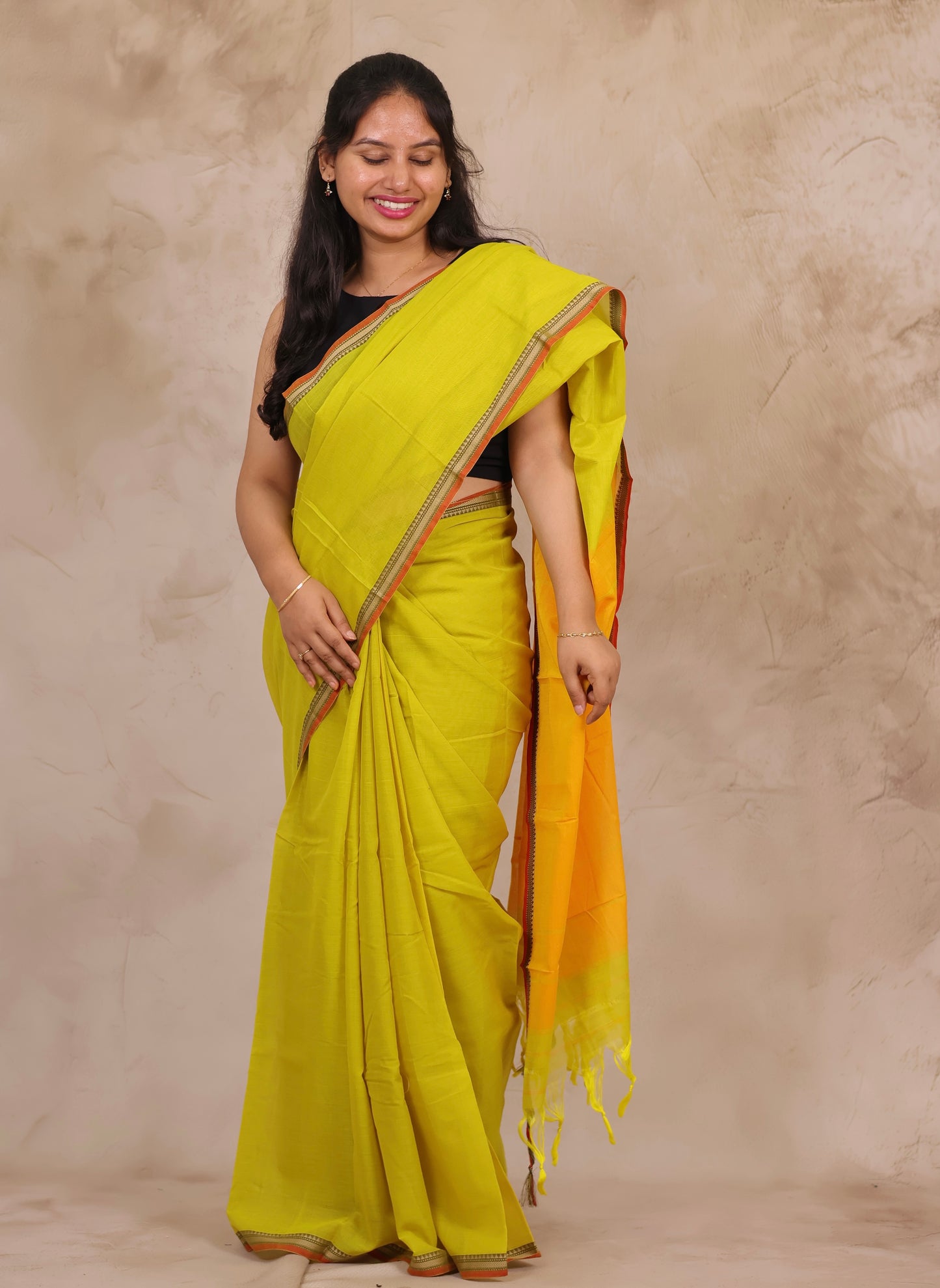 Lemon Yellow Narayanpet Cotton Saree | Looms & Tassels
