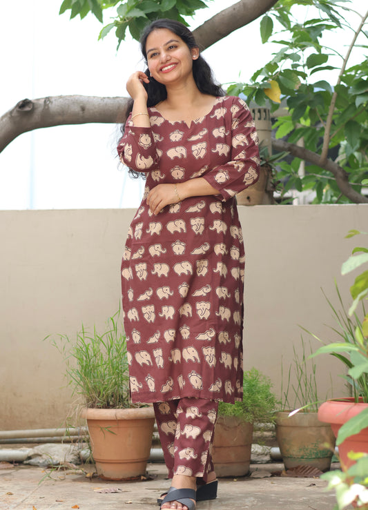 Brown Pure Cotton Handcrafted Co-Ord Set