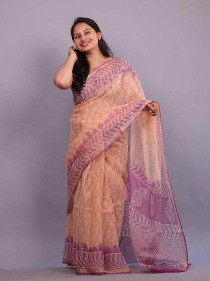 Pure Kota Doria Saree with Bagru Handblock Prints – Peach | Looms&Tassels
