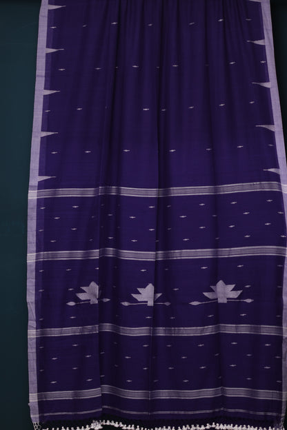 Blue Pure Handwoven Malai Cotton Saree with Butta Weaving border