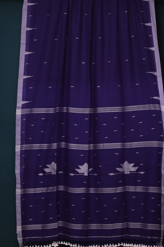 Blue Pure Handwoven Malai Cotton Saree with Butta Weaving border