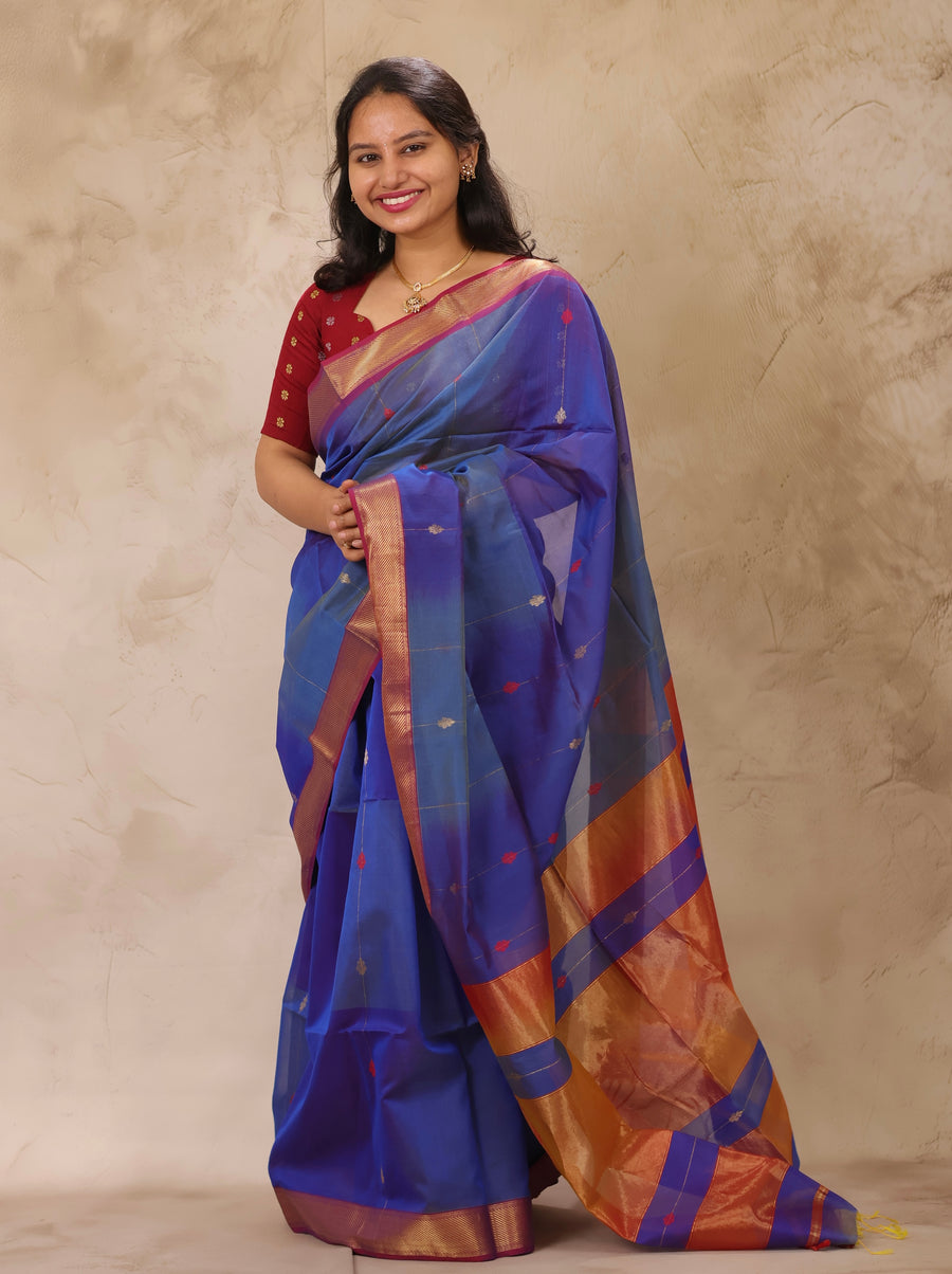 Blue Dual Tone Handloom Maheswari Silk Cotton Sarees | Looms & Tassels