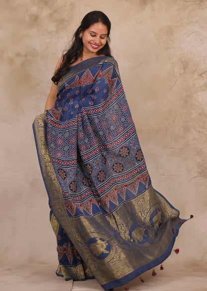 Indigo Floral Ajrakh Handblock printed Dola Silk Saree | Looms & Tassels
