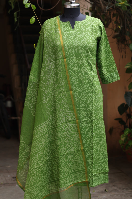 Green Handblock printed Pure Mul Cotton with Kota Doria Duppata 3 piece suit (stitched)