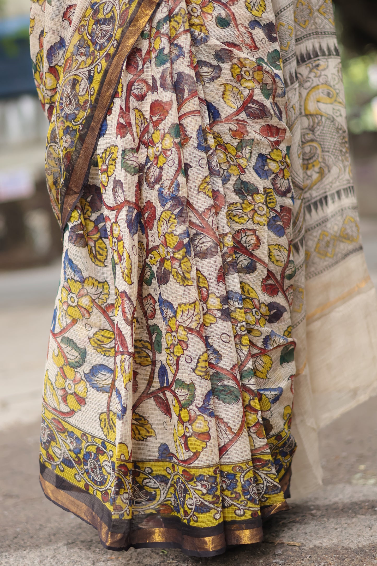 Cream Kalamkari printed Kota Doriya Saree