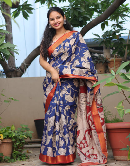 Blue Floral & Fish Kalamkari Silk Handcrafted Nizam Border Saree