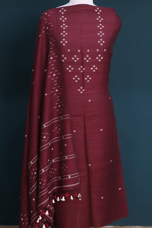 Maroon Handwoven weaving butta pure Malai cotton 2 piece suit sets