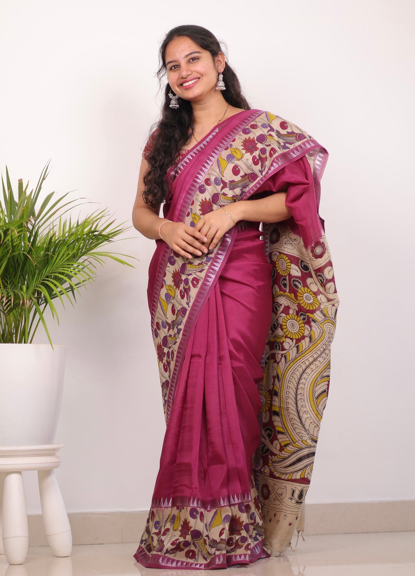 Magenta Plain Gap Border Kalamkari Premium Chennur Silk Handcrafted Saree