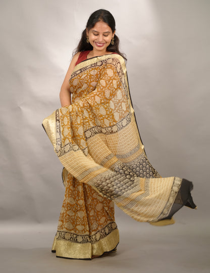 Mustard Chiffon Hand Block Printed Saree with Jari Border | Looms & Tassels