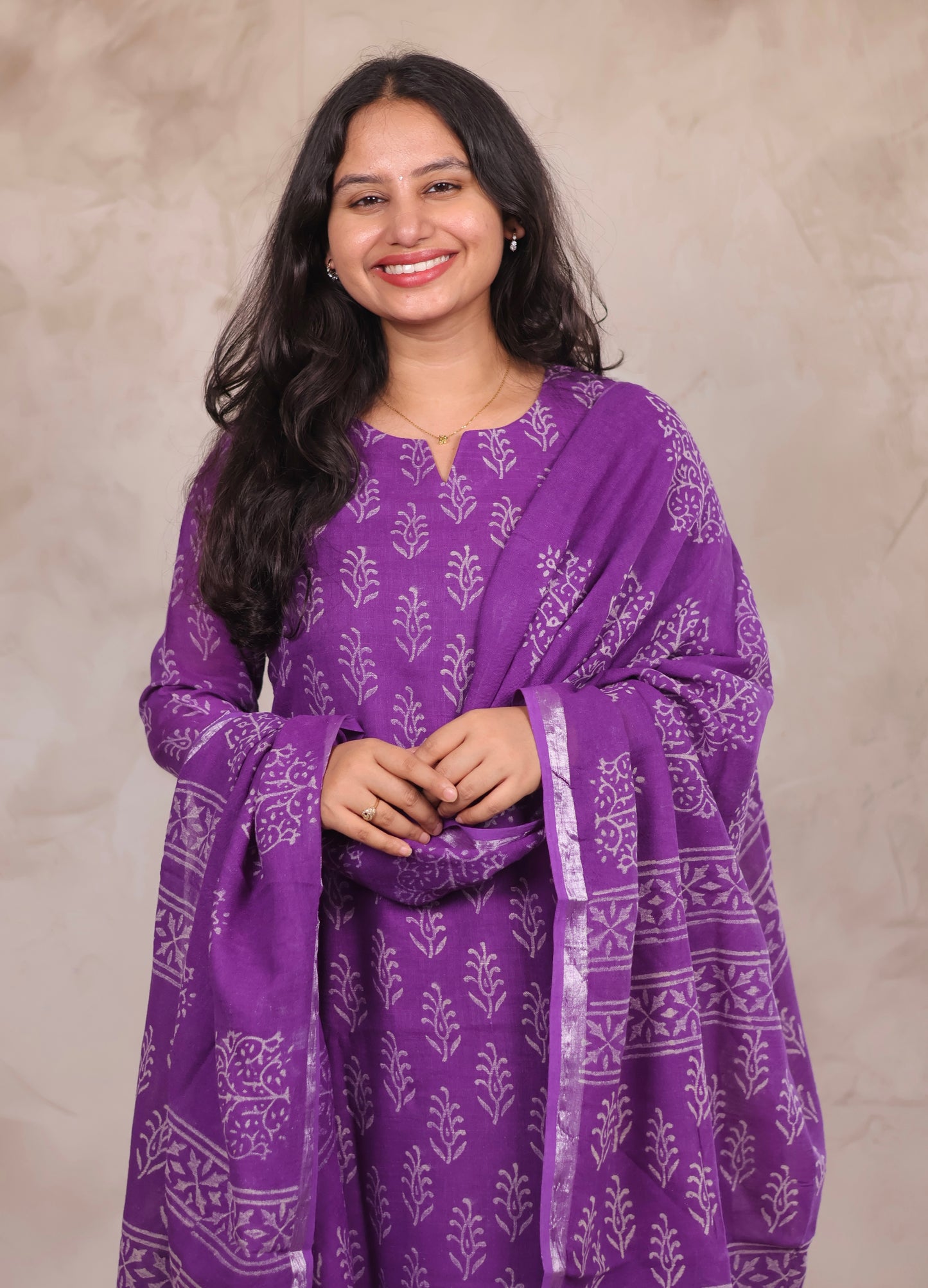 Purple Linen Cotton Handblock printed 3 piece suit (stitched)
