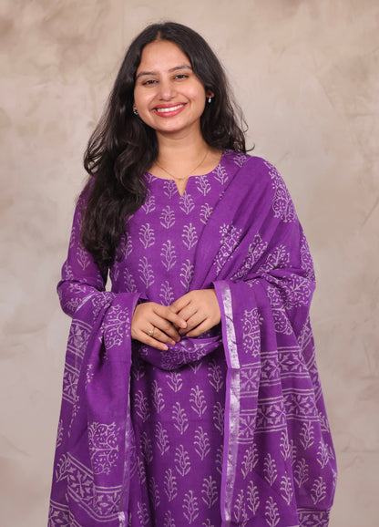Purple Linen Cotton Handblock printed 3 piece suit (stitched)