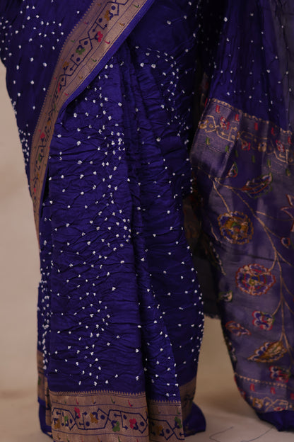 Blue Handcrafted Pattern Bandhani Paithani Dola Silk Saree | Looms & Tassels