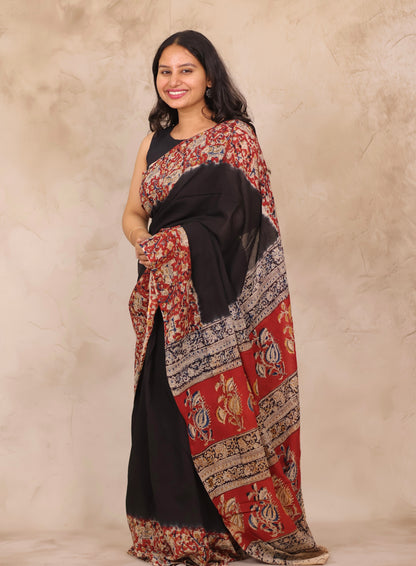 Black Kalamkari Dyeing Pure Cotton Saree