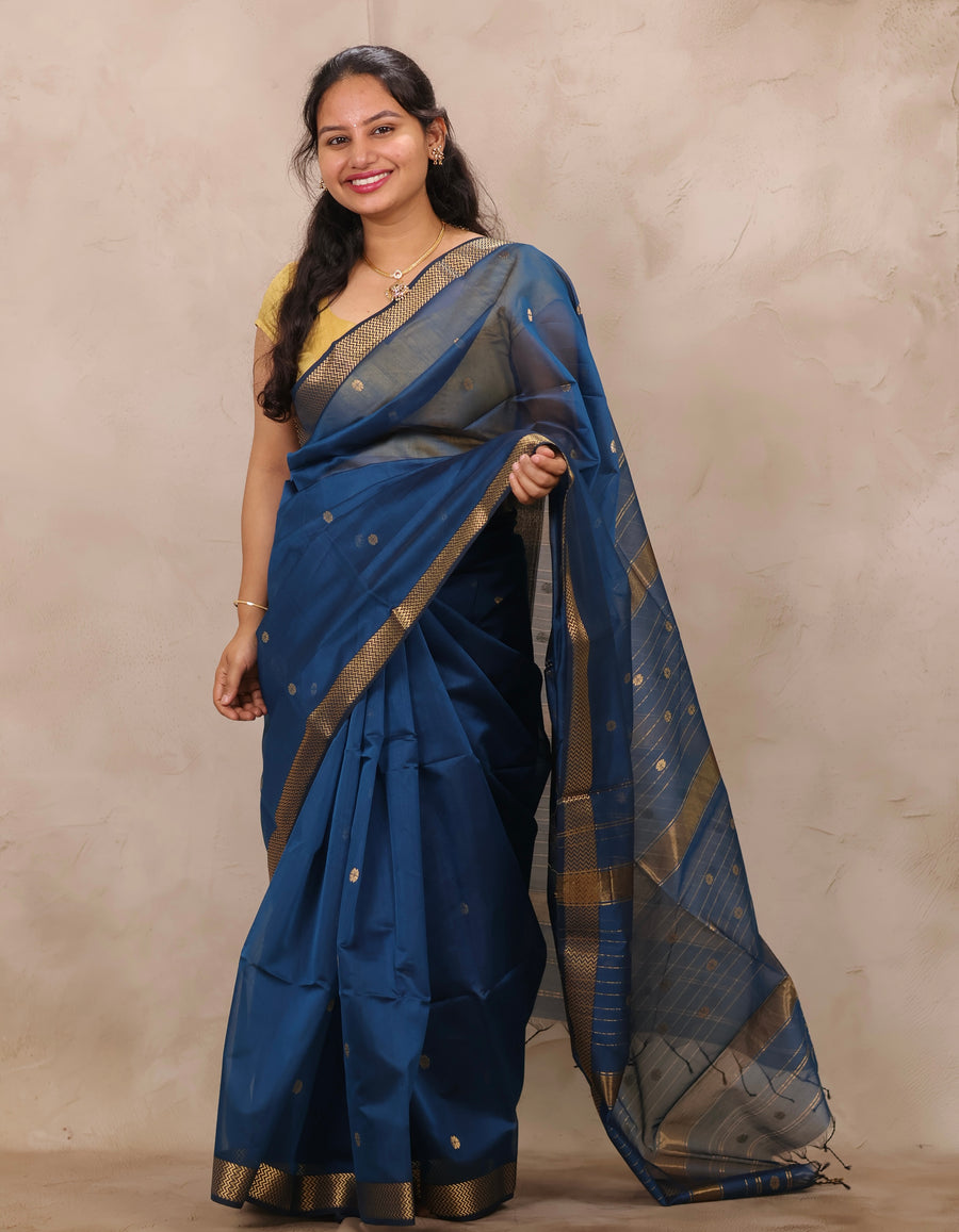 Blue Handloom Maheswari Silk Cotton Sarees | Looms & Tassels