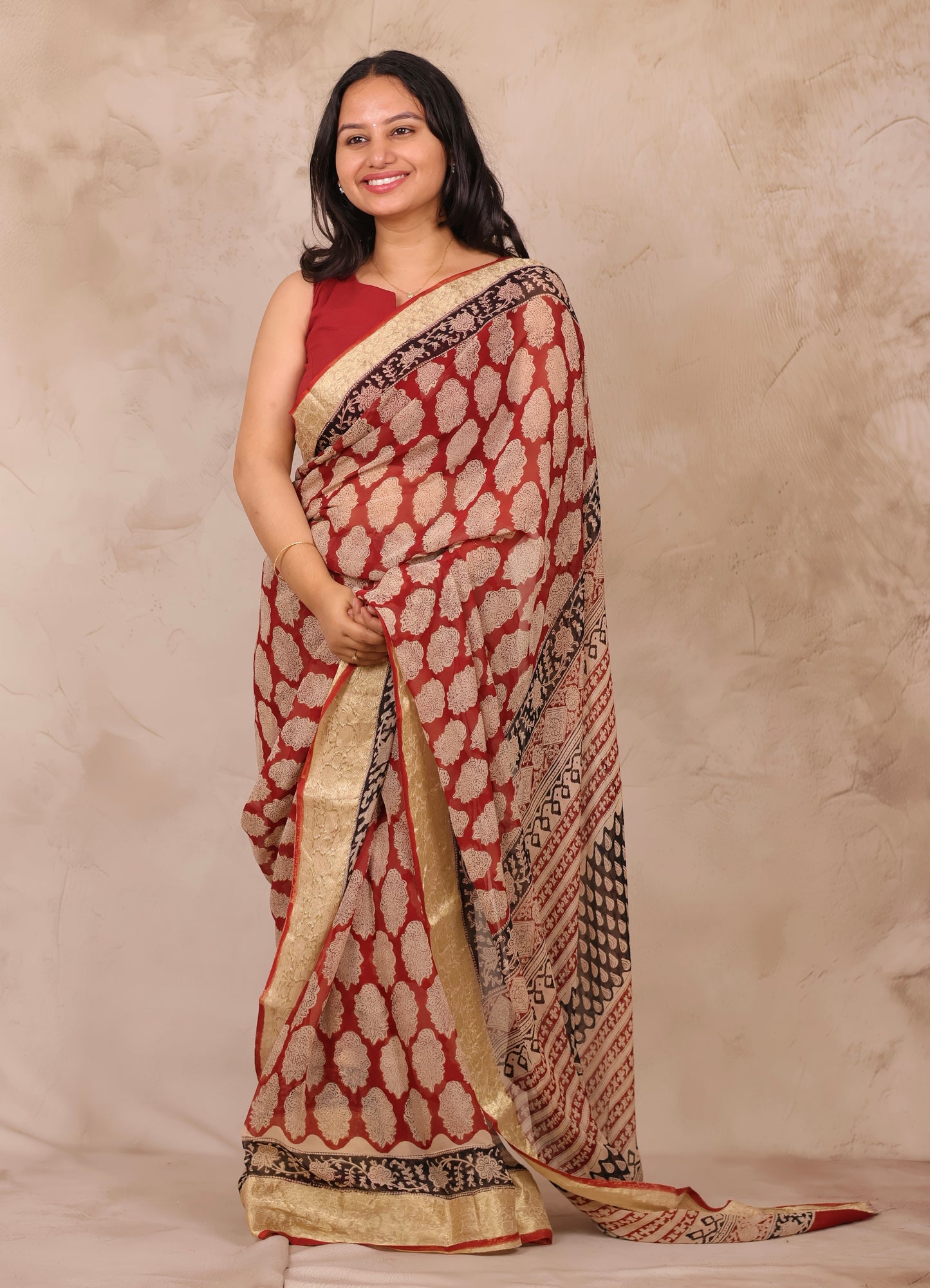 Maroon Chiffon Hand Block Printed Saree with Jari Border | Looms & Tassels