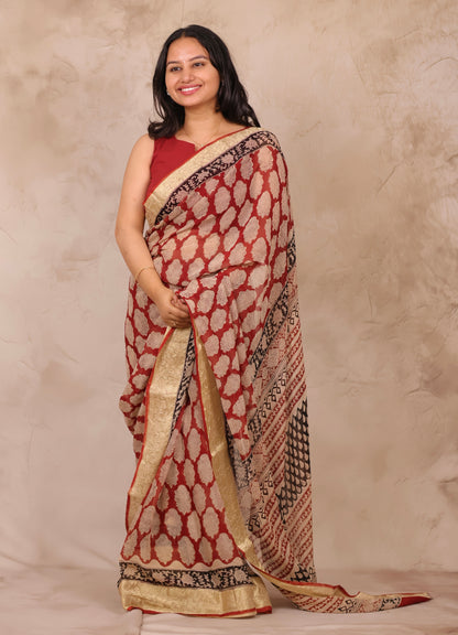 Maroon Chiffon Hand Block Printed Saree with Jari Border | Looms & Tassels
