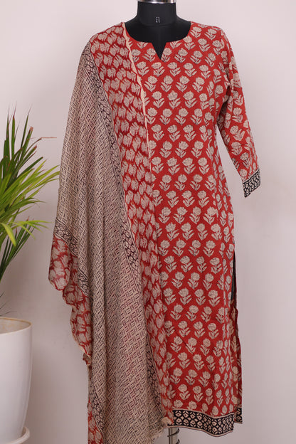 Red Handblock printed Pure Mul Cotton with chiffon Duppata 3 piece suit (stitched)