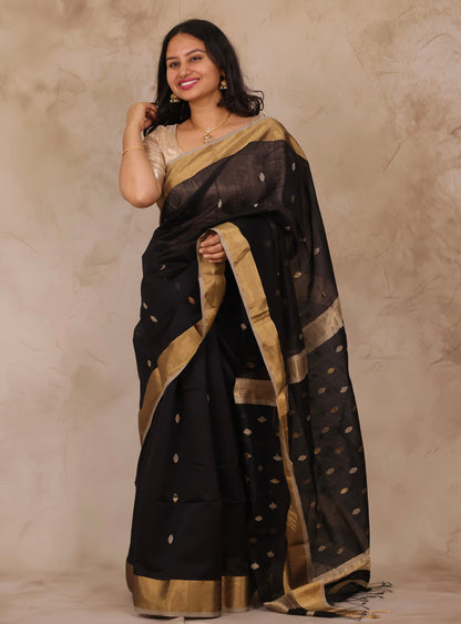 Black Handloom Maheswari Silk Cotton Sarees | Looms & Tassels