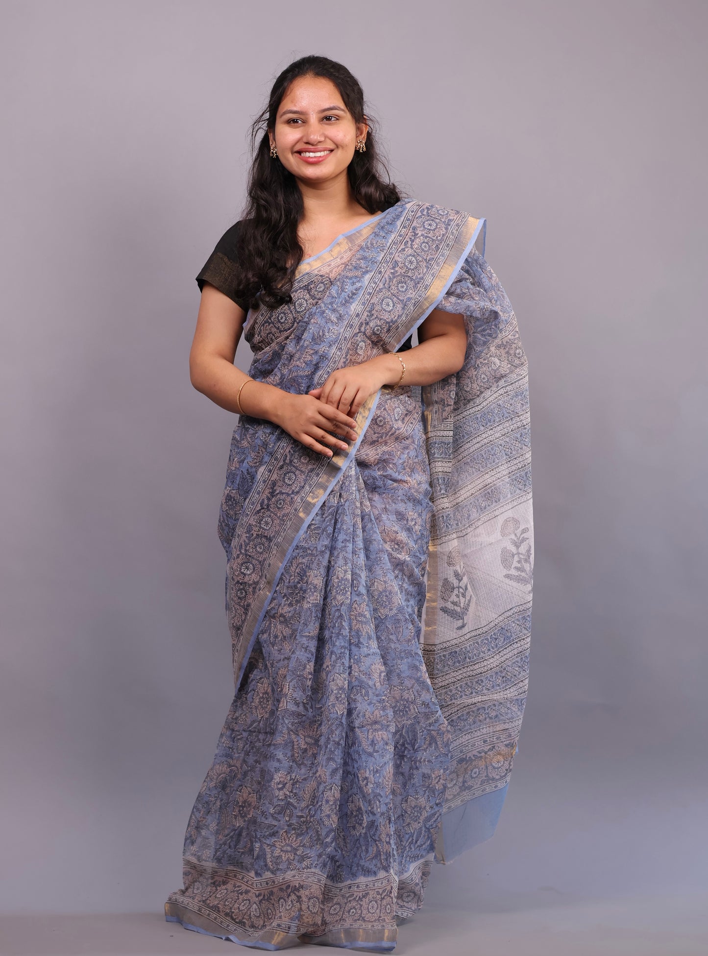 Pure Kota Doria Saree with Bagru Handblock Prints –Blue | Looms&Tassels