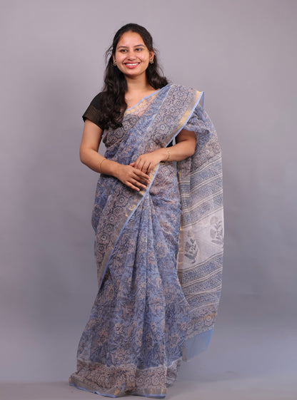 Pure Kota Doria Saree with Bagru Handblock Prints –Blue | Looms&Tassels
