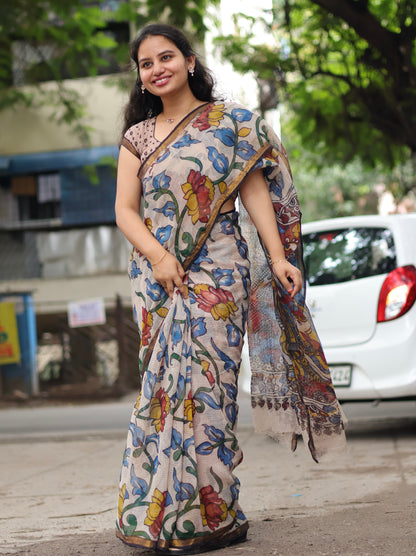 Lotus Kalamkari printed Kota Doriya Saree