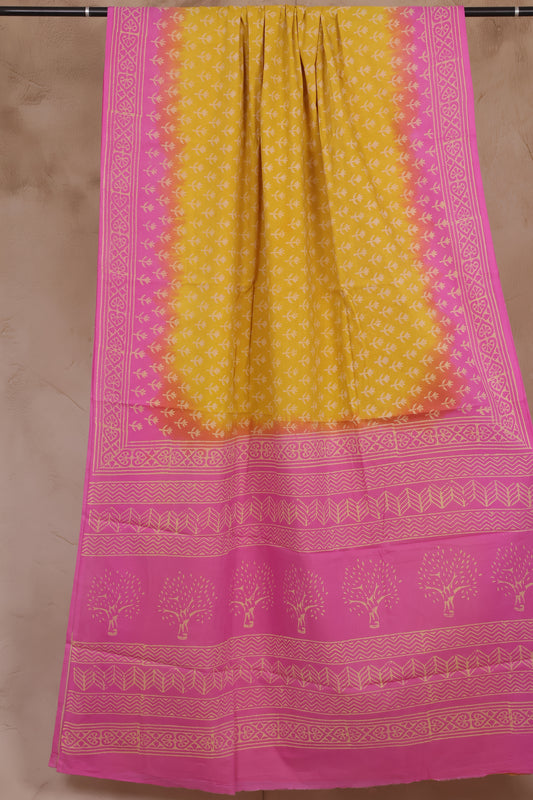 Baby pink & Yellow Bagru Handblock printed MulMul cotton saree | Looms & Tassels