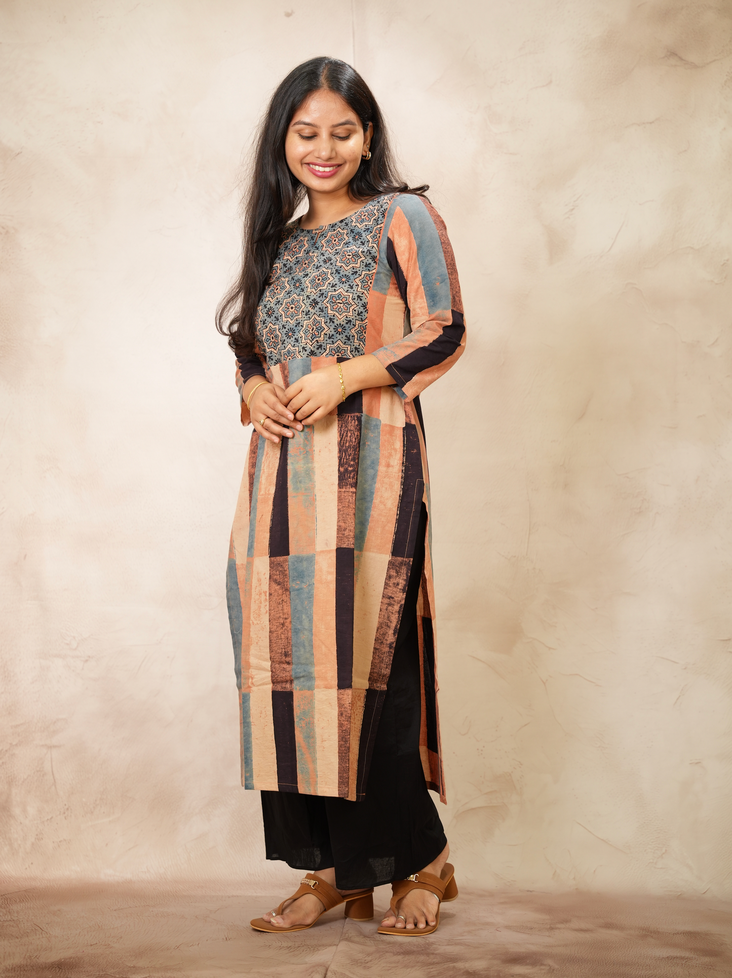 Contemporary Ajrakh Pattern Hand Block printed Kurti | Looms & Tassels