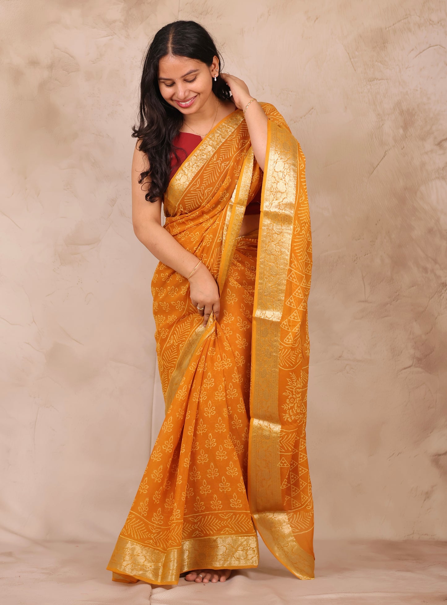 Mustard Chiffon Hand Block Printed Saree with Jari Border | Looms & Tassels