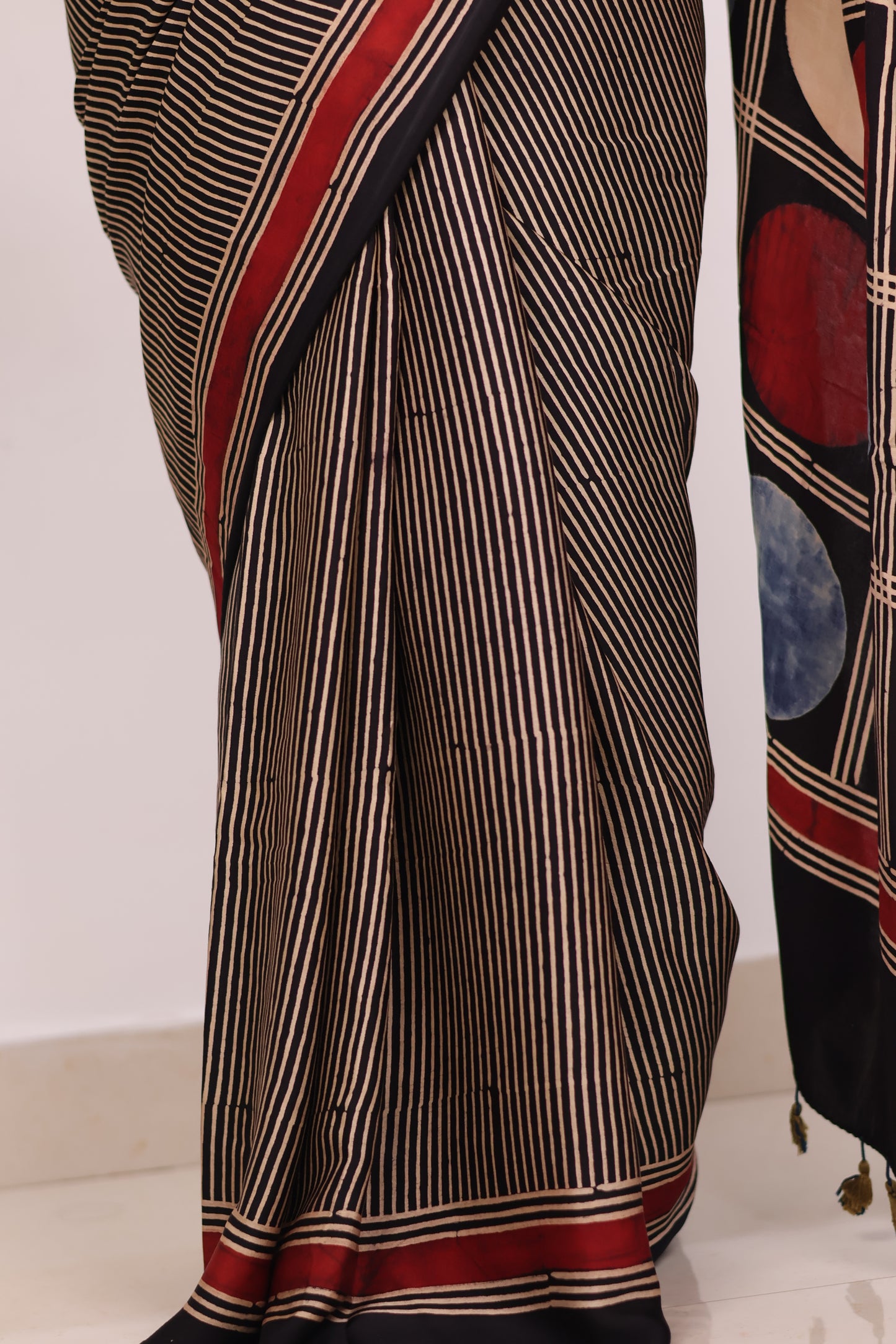 Black Stripes Contemporary Authentic Ajrakh Modal Silk Saree | Looms & Tassels