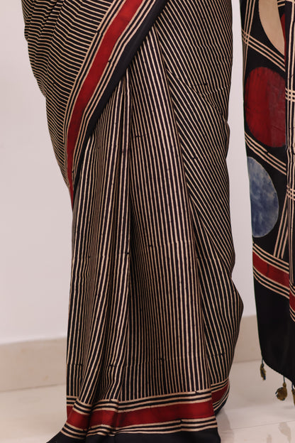 Black Stripes Contemporary Authentic Ajrakh Modal Silk Saree | Looms & Tassels