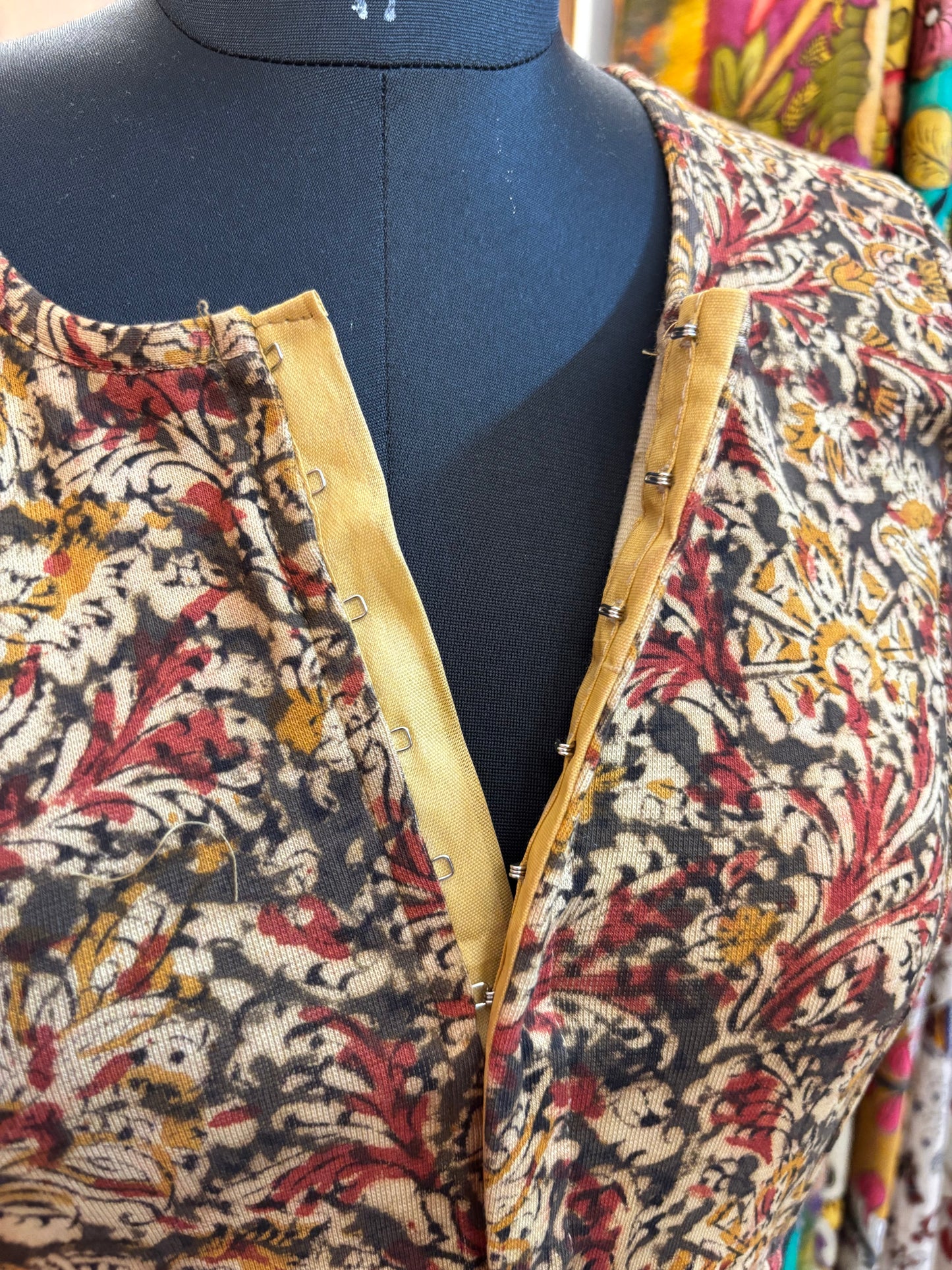 Round neck Stretchable Hand block printed kalamkari blouse with front hooks