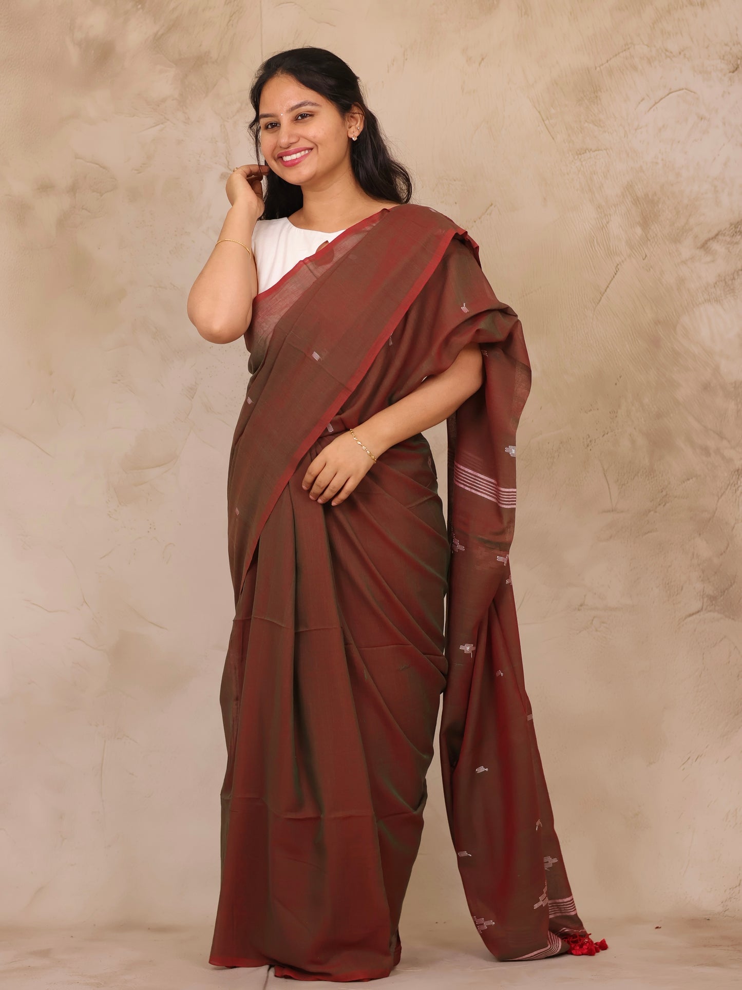 Dual Shade Brown Malai Cotton Saree with Butta Weaving | Looms & Tassels