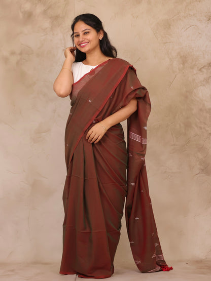 Dual Shade Brown Malai Cotton Saree with Butta Weaving | Looms & Tassels