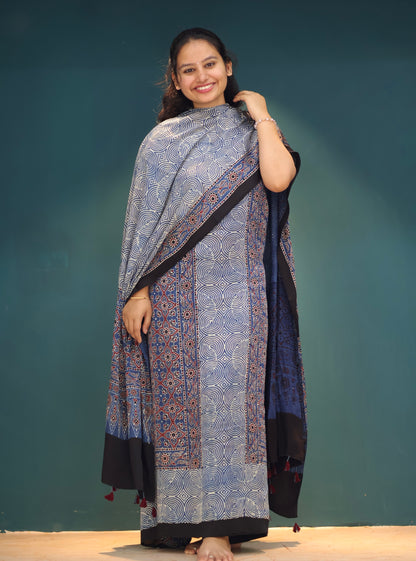 Indigo Handblock printed Ajrakh modal silk 2 piece suit set
