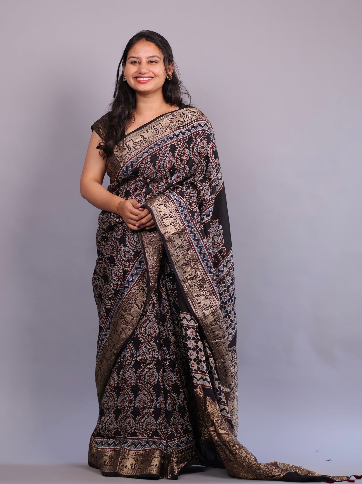 Black Floral Jal Motifs Ajrakh Handblock printed Dola Silk Saree | Looms & Tassels