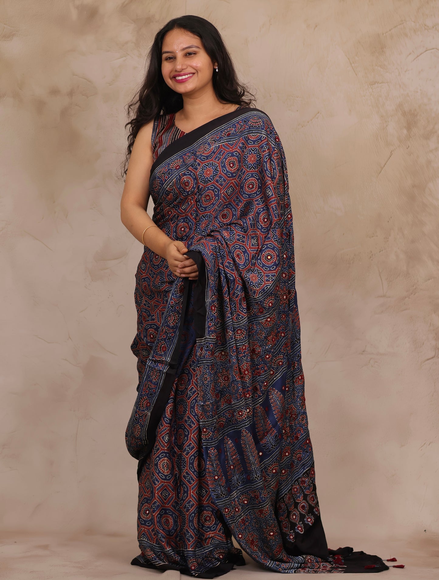 Indigo Handcrafted Ajrakh Modal Silk Saree with Authentic Banjara Mirror Work | Looms & Tassels