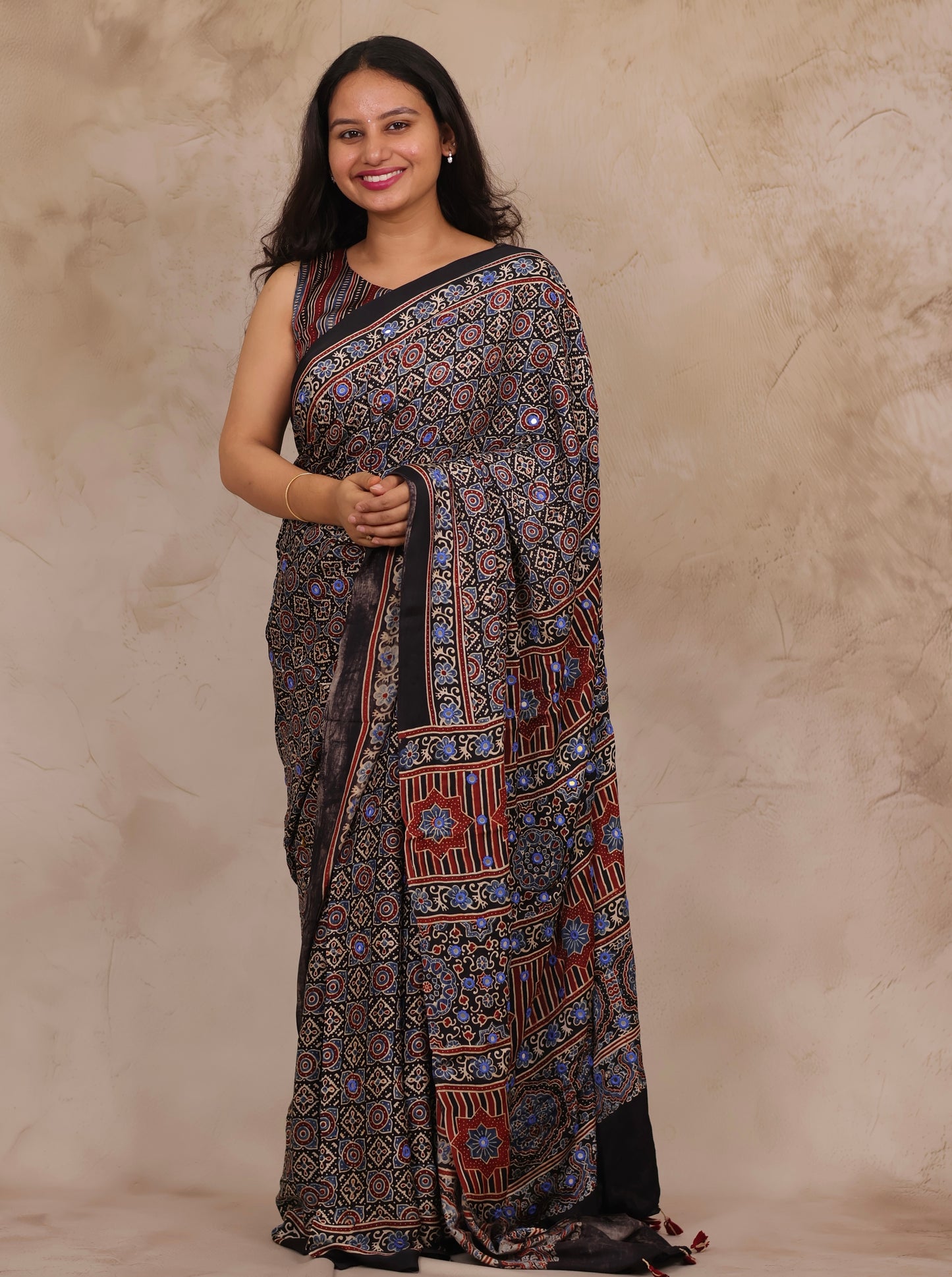 Black Handcrafted Ajrakh Modal Silk Saree with Authentic Banjara Mirror Work | Looms & Tassels